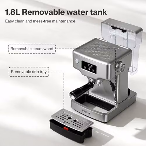 Spector Ultra Espresso Machine in Silver with LCD Touch Display, 20 Bar Pressure, Milk Frother and Removable Water Tank – 4