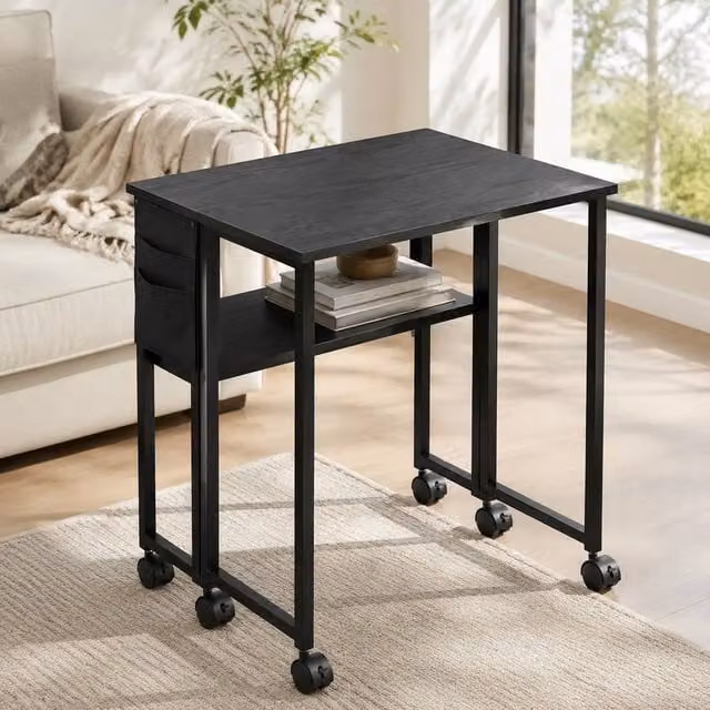 STILVORA Drop Leaf Desk with Shelf and Castors in Black – 1