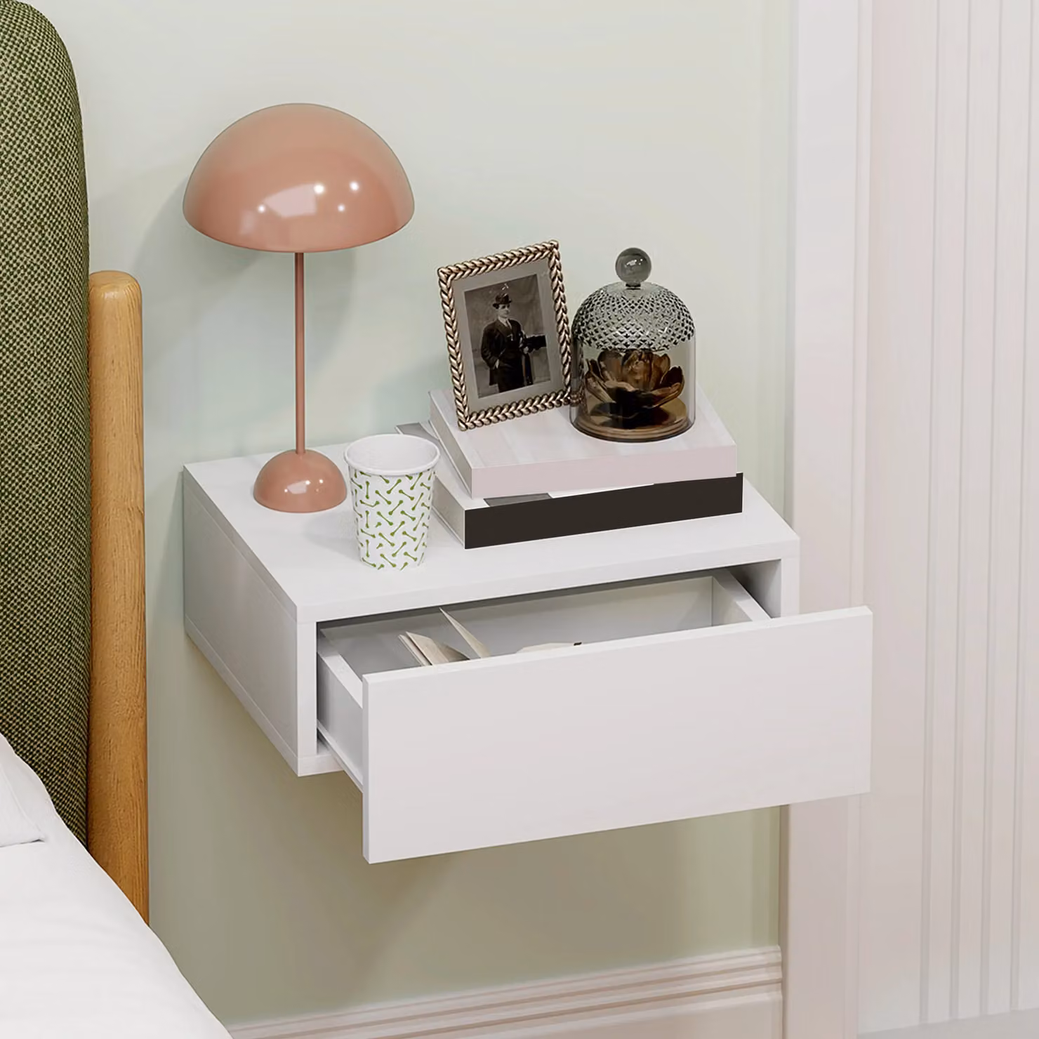 HOMCOM White Wall-Mounted Floating Bedside Table for Bedroom, W: 40 cm, D: 30 cm – 2