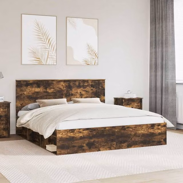 Berkfield Home Modern Bed Frame in Smoked Oak and Brown Solid Pine Wood, W/D/H: 180 x 200 cm – 1