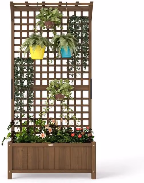 Nordara Brown Wooden Raised Bed Planter with Trellis and Drain Holes for Herb and Vegetable Gardens