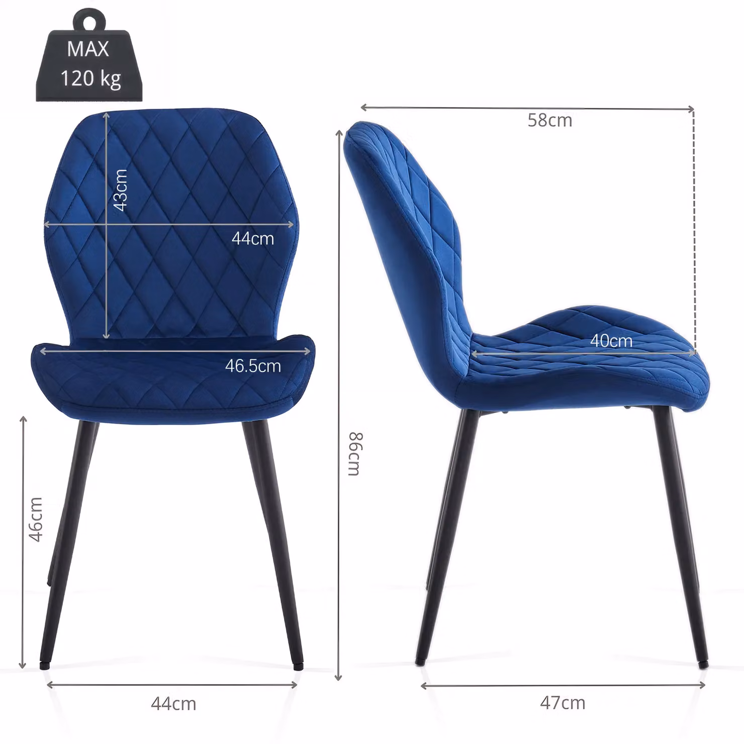 SONARA Modern Velvet Dining Chairs Set of 2 with Ergonomic Curved Backrest in Blue and Black – 3