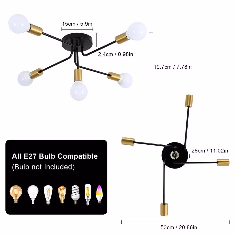 Pheashine Industrial 5-Light Ceiling Light in Black and Gold/Brass with E27 Bulbs Included – 2