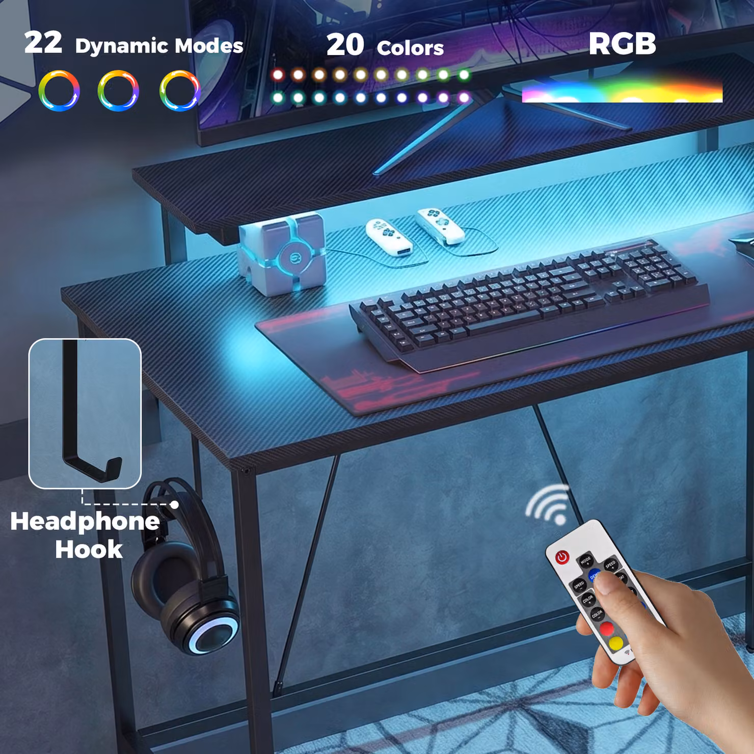 HOMCOM Reversible L-Shaped LED Gaming and Work Desk in Black – 4