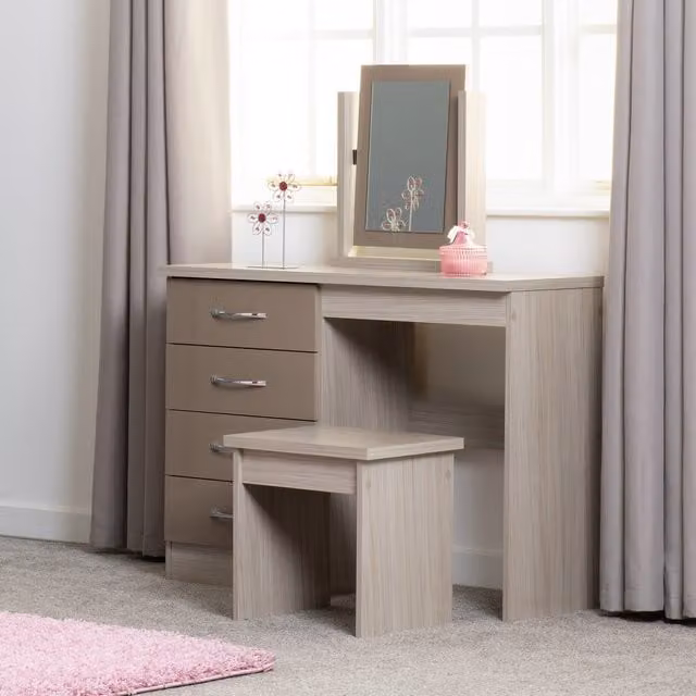 Seconique Nevada 4 Drawer Dressing Table Set in Beige and Brown Glossy Finish