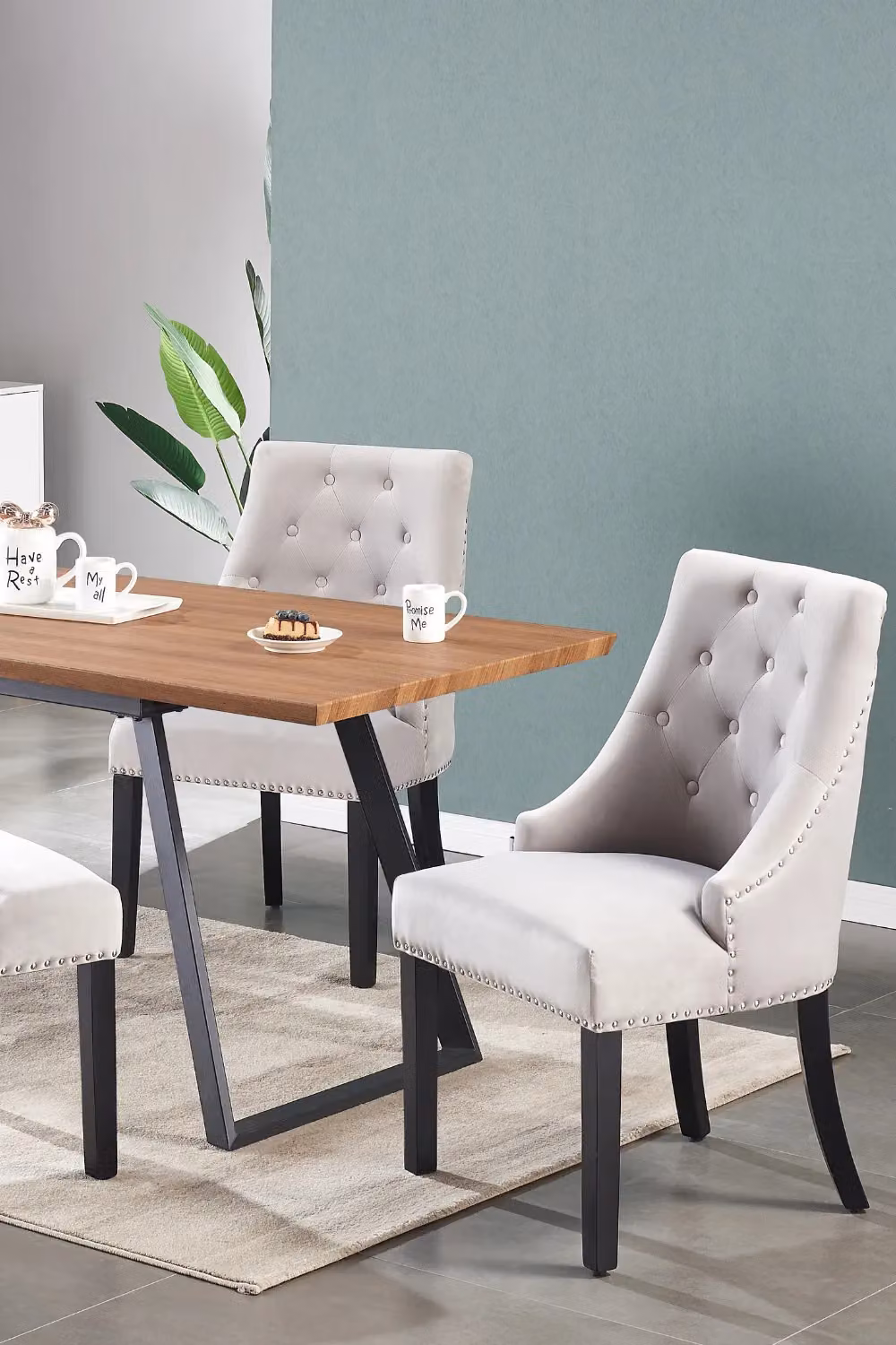 Life Interiors Windsor Knocker Back Velvet Dining Chairs Set of 6 with Solid Wood Legs in Light Grey – 5
