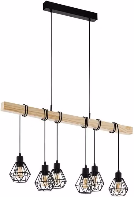 Loops Industrial Black Cage and Wood Hanging Ceiling Pendant Light for Kitchen Islands, 6x E27
