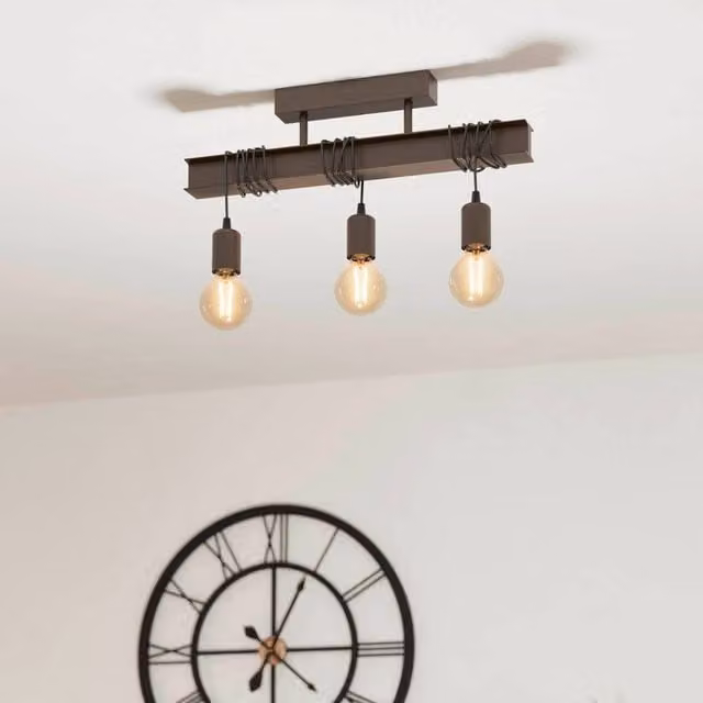 Eglo Townshend 4 Industrial Metal Pendant Light in Brown with 3-Light Bar Design and Height Adjustable Suspension
