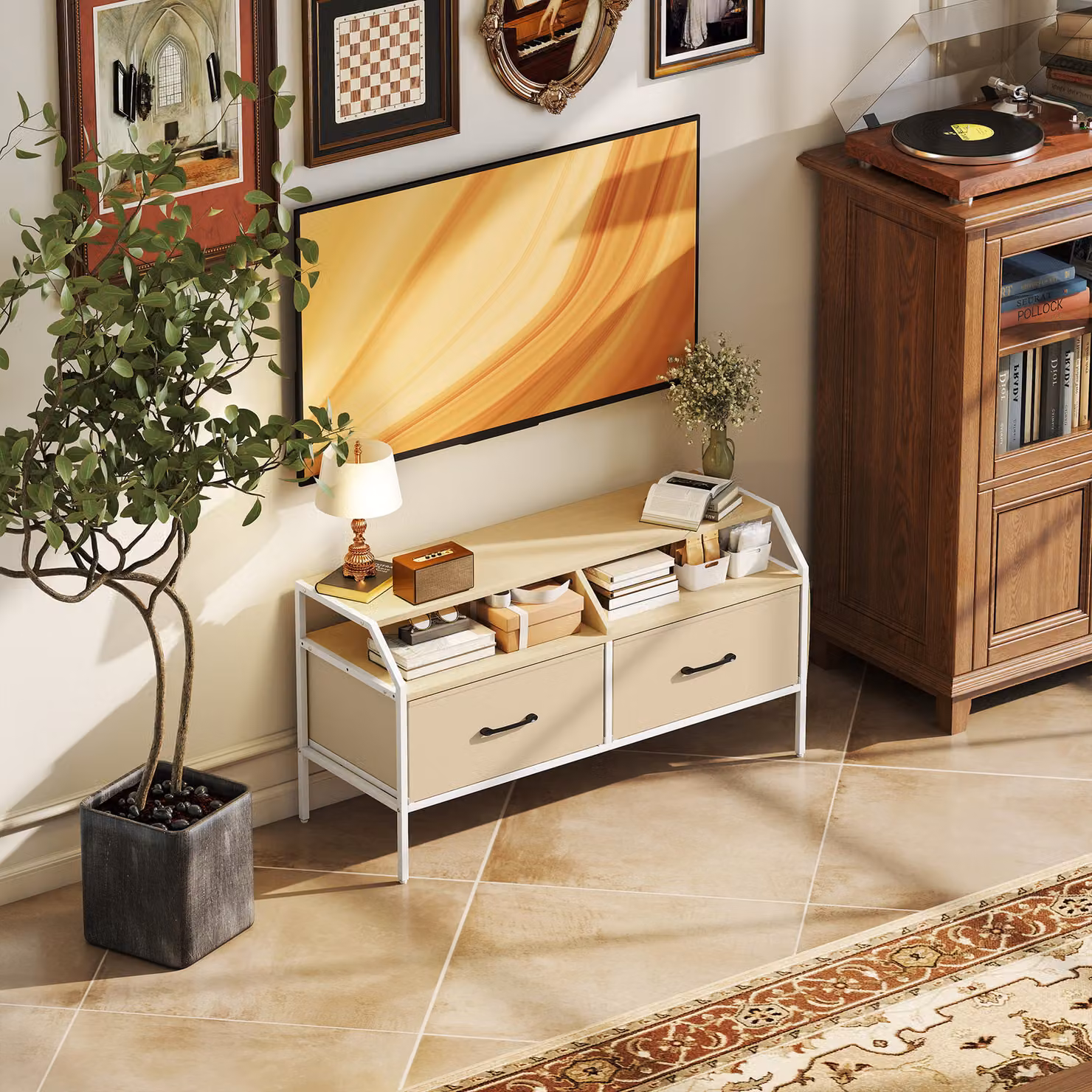 HOMCOM TV Stand Cabinet in Natural Wood Finish for up to 55-inch TVs with 2 Fabric Drawers and 5 Side Pockets – 6