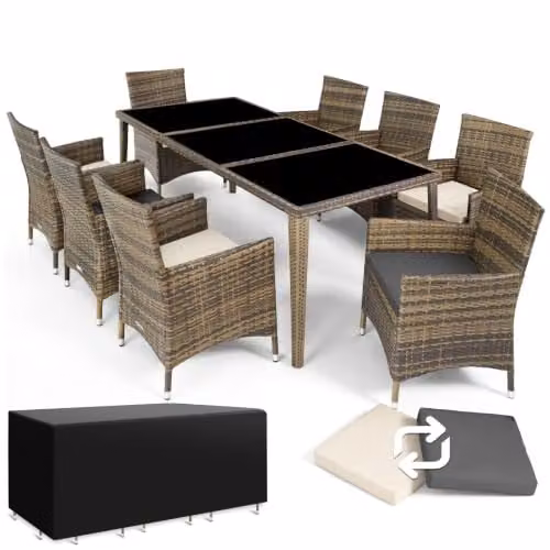tectake Garden Dining Set with Aluminium Frame, Glass Top Table and 8 Chairs including Removable Cushions and Weather Cover, Natural