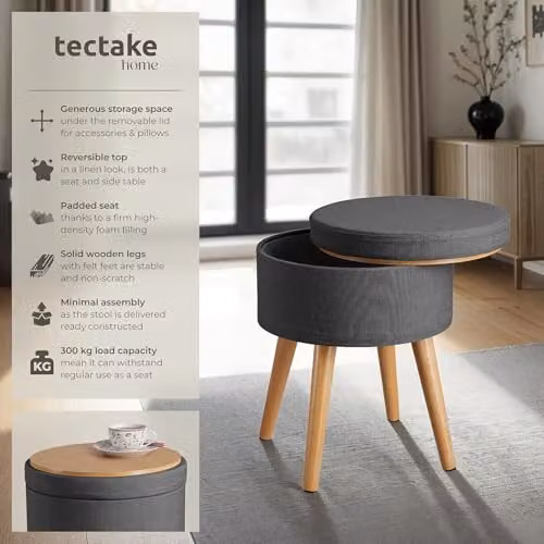 tectake Yara Round Storage Stool in Grey Fabric with Beech Legs, W/D/H: 45.5 x 42.5 x 42.5 cm – 4