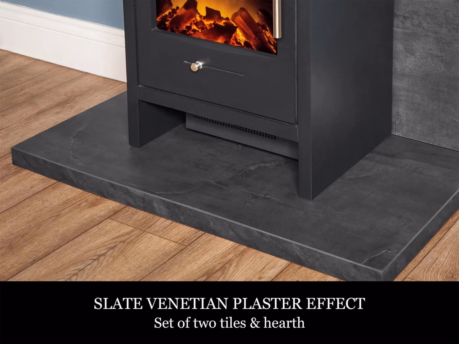 Acantha Fires & Fireplaces Bergen Electric Stove and Angled Pipe Set with Slate Venetian Plaster Effect Tile and Hearth in Grey – 3