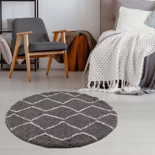 THE RUGS Moroccan Design Round Rug in Grey and White, Diameter: 120 cm