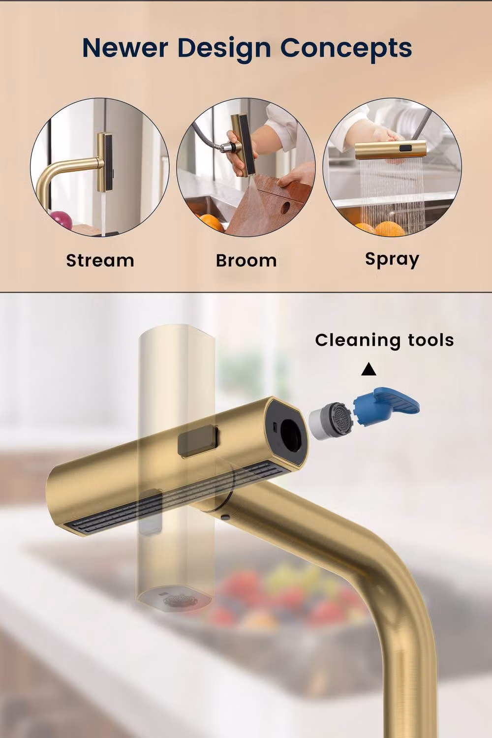 JANLEMNY Brushed Gold Waterfall Pull-Out Spray 3-Function Kitchen Mixer Tap – 2