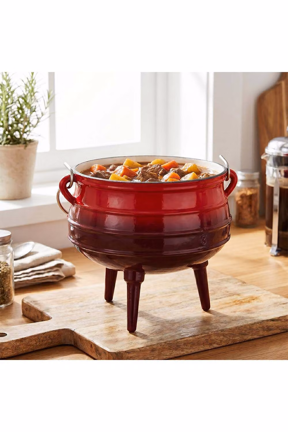 Living and Home Red Enamelled Cast Iron Potjie Pot Cauldron with Lid and 3 Legs, 8L – 2