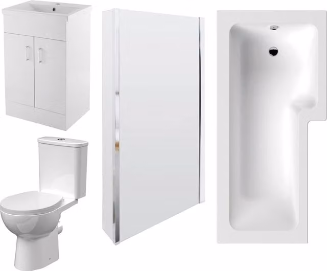 Balterley L Shape Shower Bath Suite in White with Shower Screen, Bath Panel, Round Rimless Toilet, Seat, Cistern and 2 Door Vanity Unit