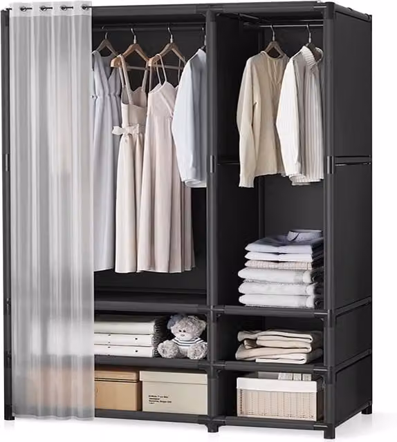 Furnold Industrial Heavy Duty Metal and MDF Open Wardrobe with Shelves, Drawers and Hanging Rod in Brown and Black