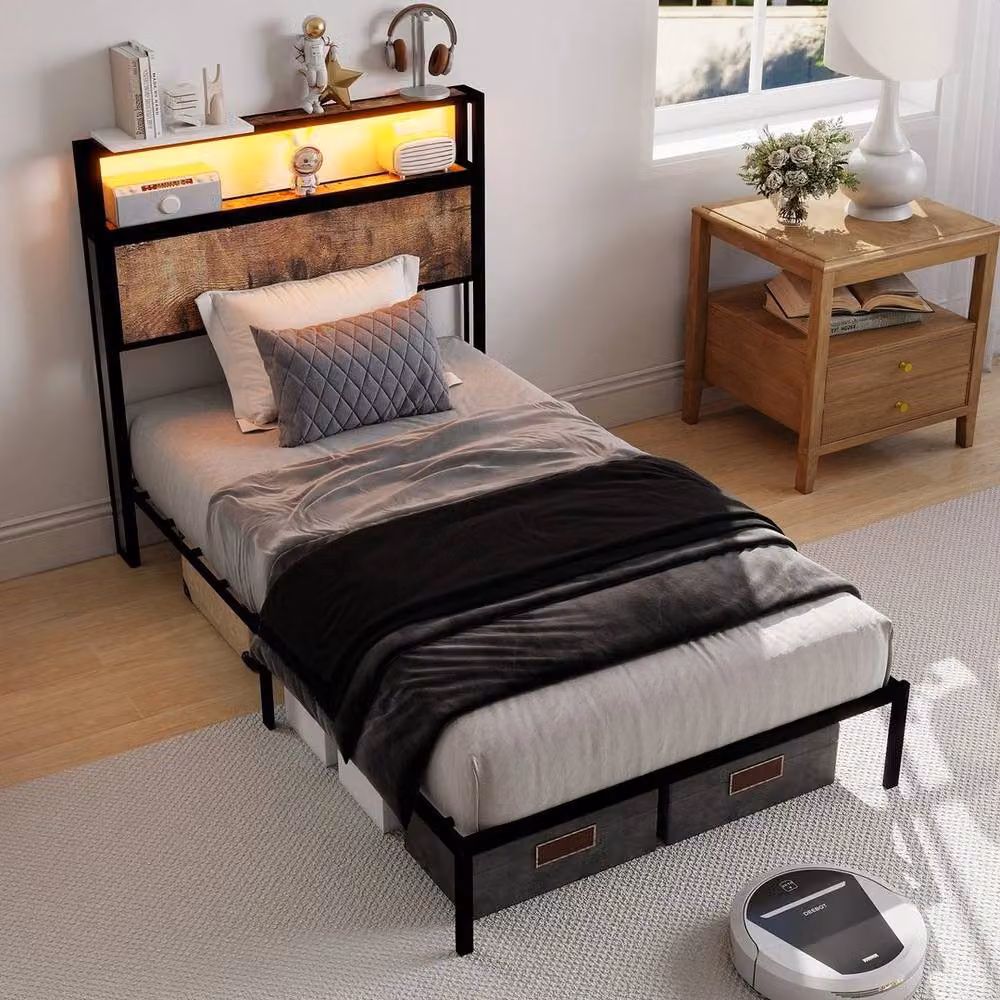 KORVIXA Single Metal and Wood Bed Frame with RGB Under-Bed LED Lighting in Black, W/D/H: 90 x 200 cm – 4