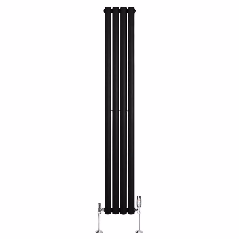 Monstershop Oval Single Column Steel Radiator with Integrated Valves and Thermostat Head, Black, H: 160 cm, W: 24 cm – 2