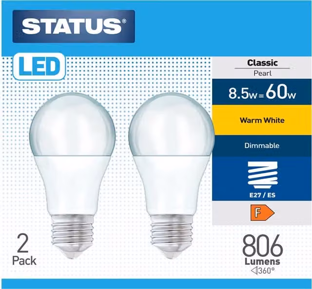 Status Pack of 2 Warm White Dimmable Classic Pearl LED Lightbulbs, E27 Edison Screw