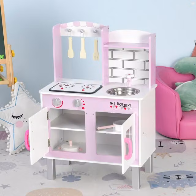 HOMCOM Wooden Kids Kitchen Play Set in Pink