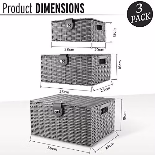 Arpan Set of 3 Resin Woven Storage Basket Boxes with Lid and Lock in Grey – 2
