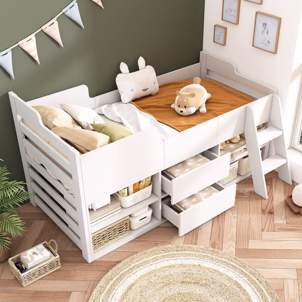 Merax Single Wood Mid Sleeper Bed with Storage Drawers and Shelves, White, W/D/H: 90 x 190 cm – 4