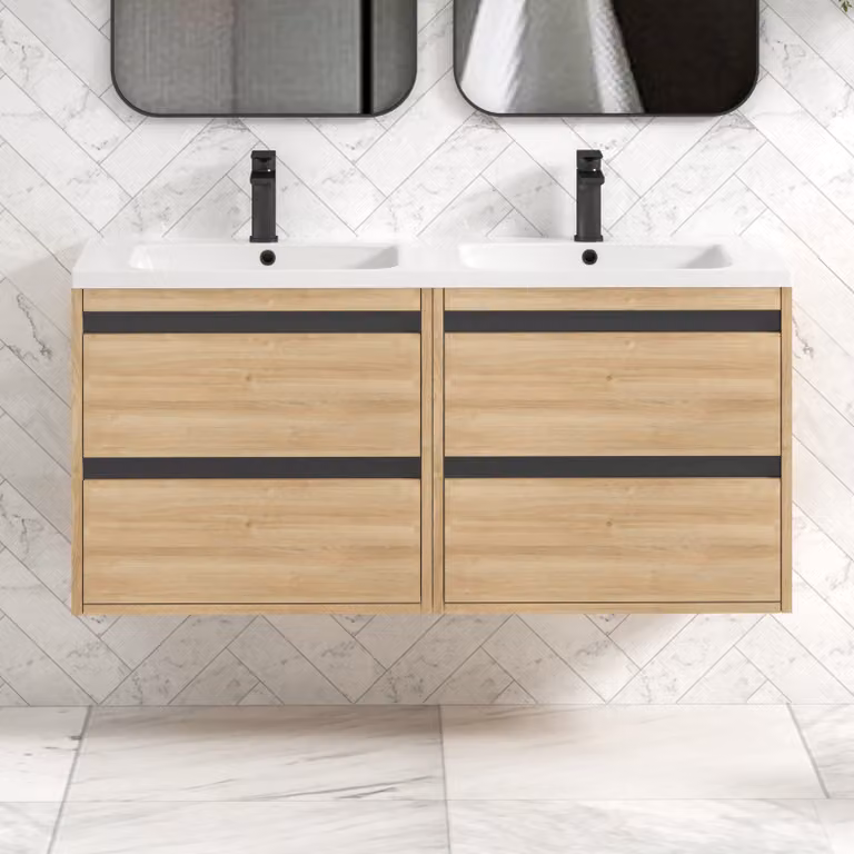 Royal Bathrooms Orion 1200 Natural Oak 4 Drawer Wall Hung Vanity Unit with Ceramic Basin and Black Accent Trim
