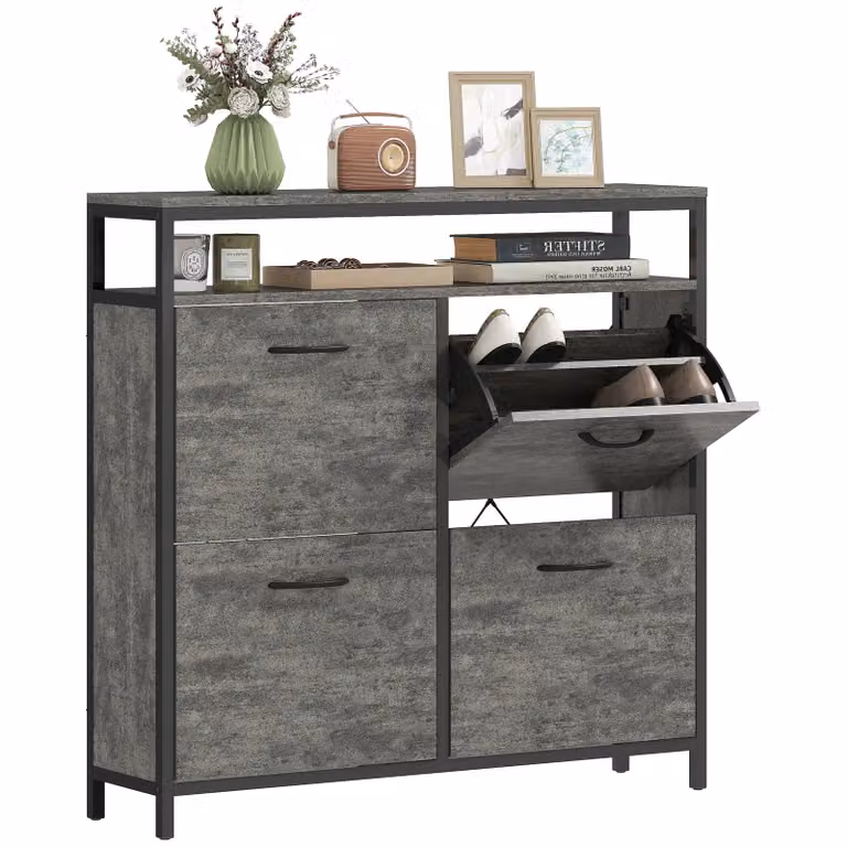 HOMCOM Industrial Shoe Cabinet with Tilting Compartments and Hinged Doors in Grey and Black