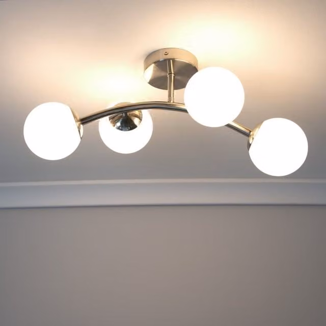 ValueLights Jas 4 Way Ceiling Light in Silver with White Frosted Glass Globe Shades and LED Bulbs