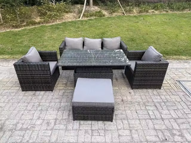 Fimous Rattan Garden Furniture Sofa and Adjustable Rising Lifting Dining Table Set in Dark Grey