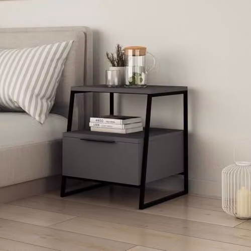 FWStyle Modern Grey 1 Door Bedside Table with Open Shelf and Black Metal Frame, W/D/H: 40.9 x 45 x 50 cm – 1