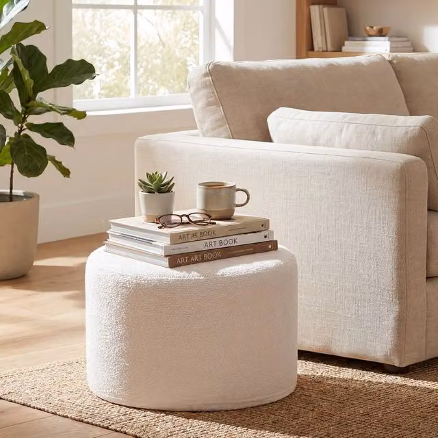Costway Soft Foam Filled Pouf Ottoman in White with Removable Cover, W: 45 cm, D: 35 cm – 1