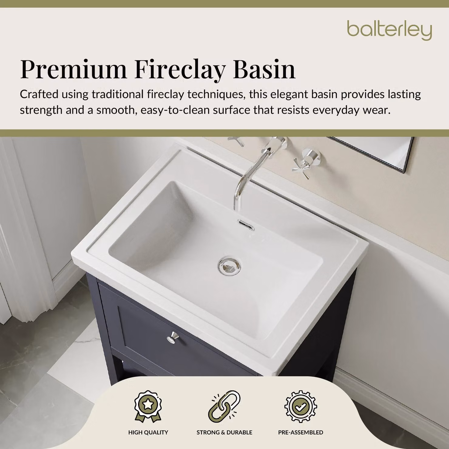 Balterley Freestanding Bathroom Vanity Unit with Basin and Open Shelf, Blue or Grey, W: 60.0 cm, D: 47.1 cm, H: 86.5 cm – 3
