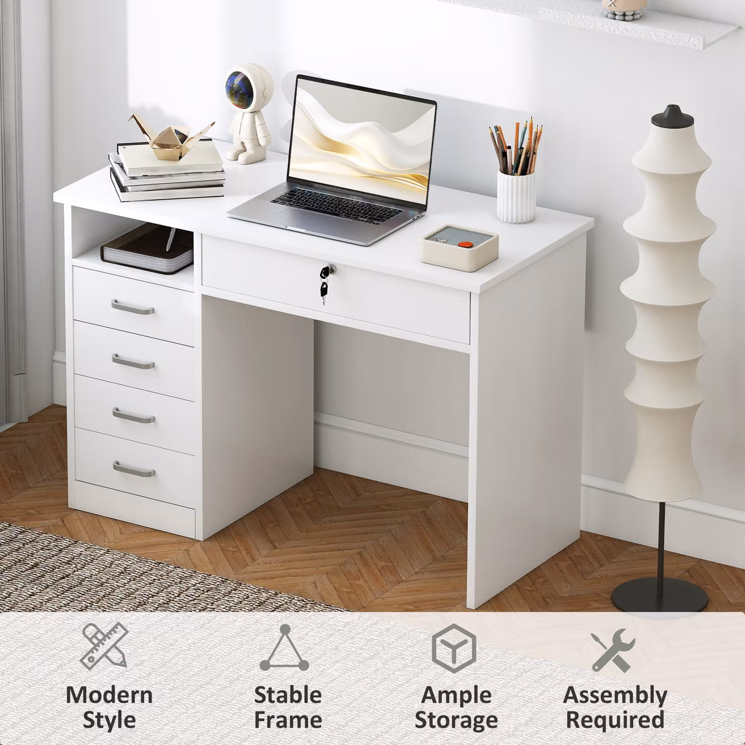 HOMCOM Modern White Computer Desk with Lockable Drawer and Storage Shelf, W/D/H: 110 x 50 x 76 cm – 3