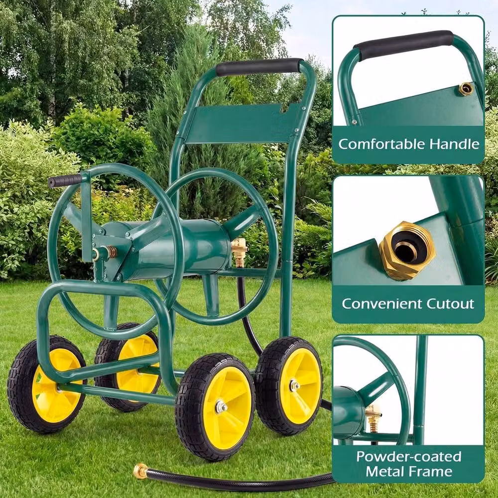 SPETLEK Green Freestanding Garden Hose Reel Cart with 4 Wheels – 6