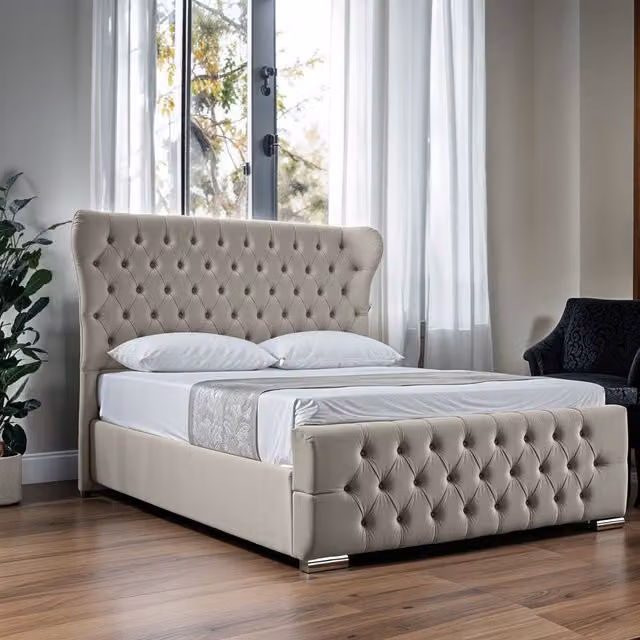 UK Bed Furniture Isabella Upholstered Slatted Base Bed with 48 Inch Wingback Headboard in Light Grey, W/D/H: 90 x 190 cm