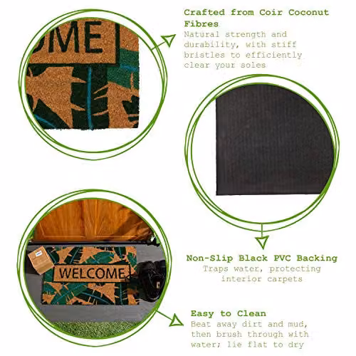 Nicola Spring Coir Door Mat with Banana Leaf Tropical Floral Design, Green and Multicolour, W: 60 cm, D: 40 cm – 4