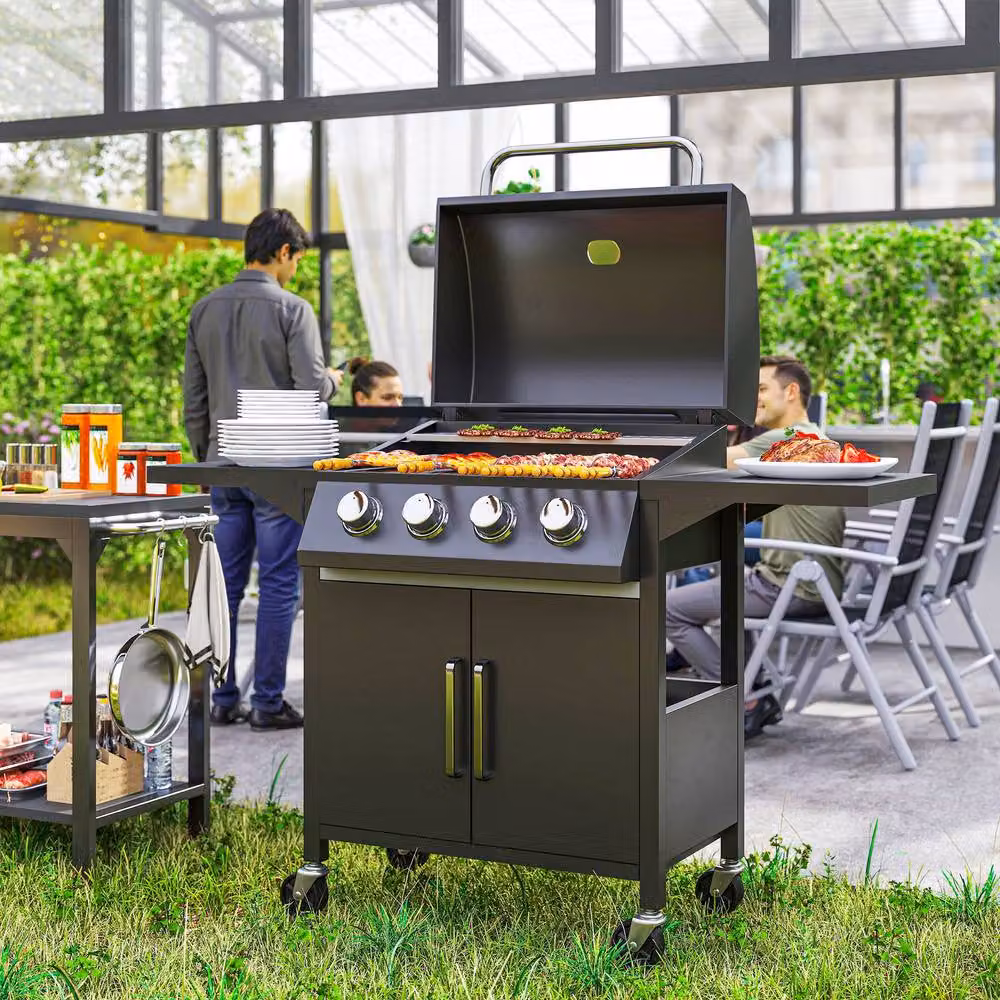 Rolipo 4 Burner Gas BBQ Grill Trolley with Cabinet and Thermometer in Black – 3