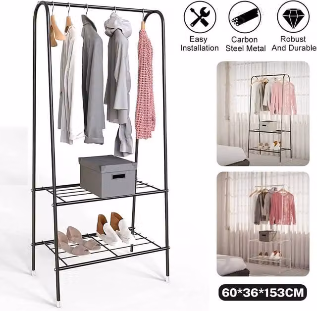 NESTLUNE Black Matt Metal Clothes Rail Garment Hanging Display Stand W/D/H: 100 x 15 x 153 cm