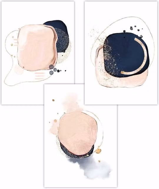 ARTZE Set of 3 Modern Abstract Geometric Paper Posters in Blue, Pink and Gold, W: 30 cm, H: 42 cm