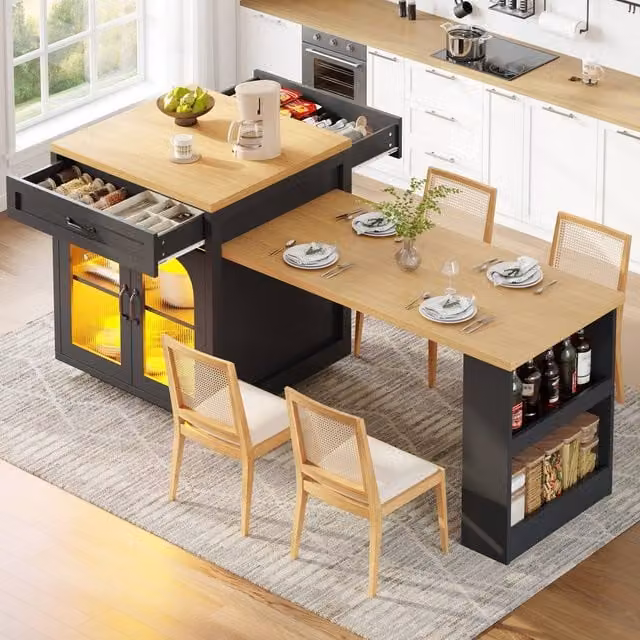 Merax Kitchen Island with LED, Drawers and Extendable Dining Table in Black