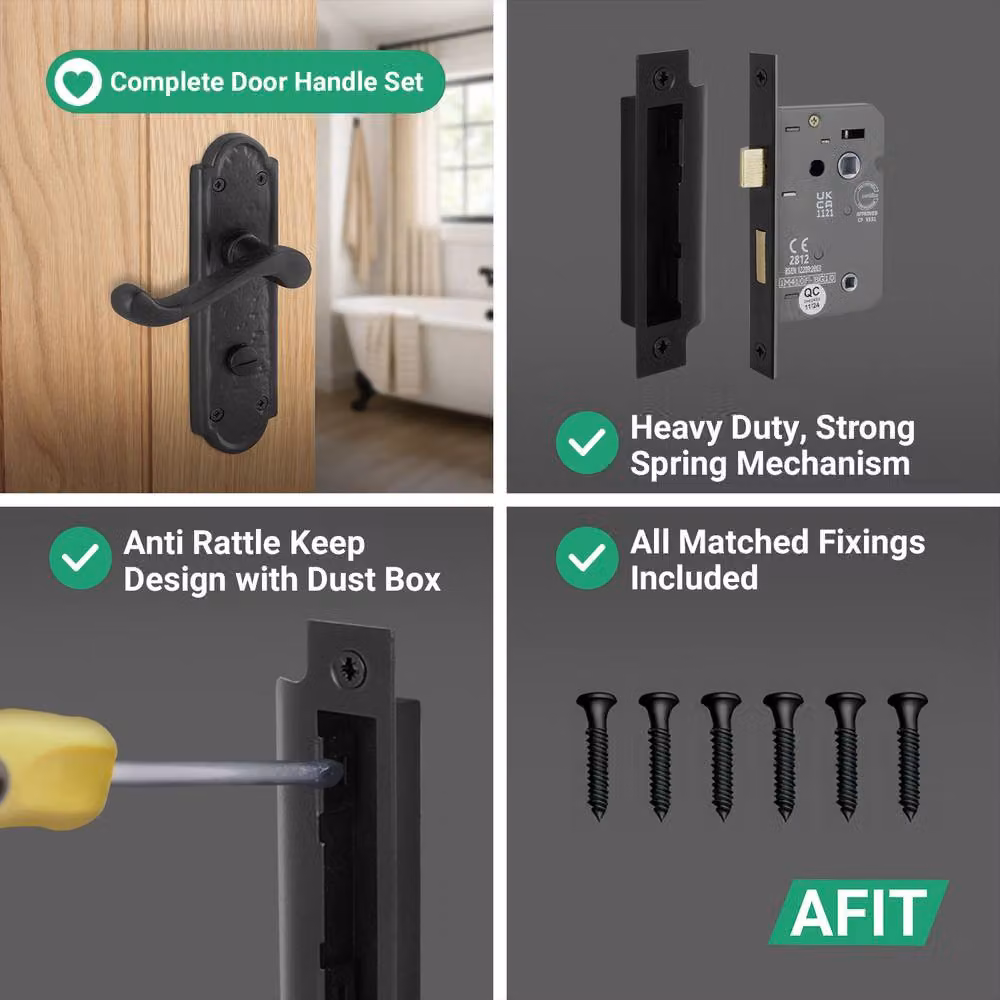 AFIT Black Antique Cast Iron Door Handle and Backplate Set with Bathroom Lock, Matt Finish, W/D/H: 150 x 100 x 15 mm – 4