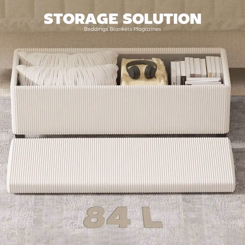 NESTLUNE Beige Storage Ottoman Bench Chest with Lid and Removable Top Pad, W: 150 cm, D: 90 cm – 2