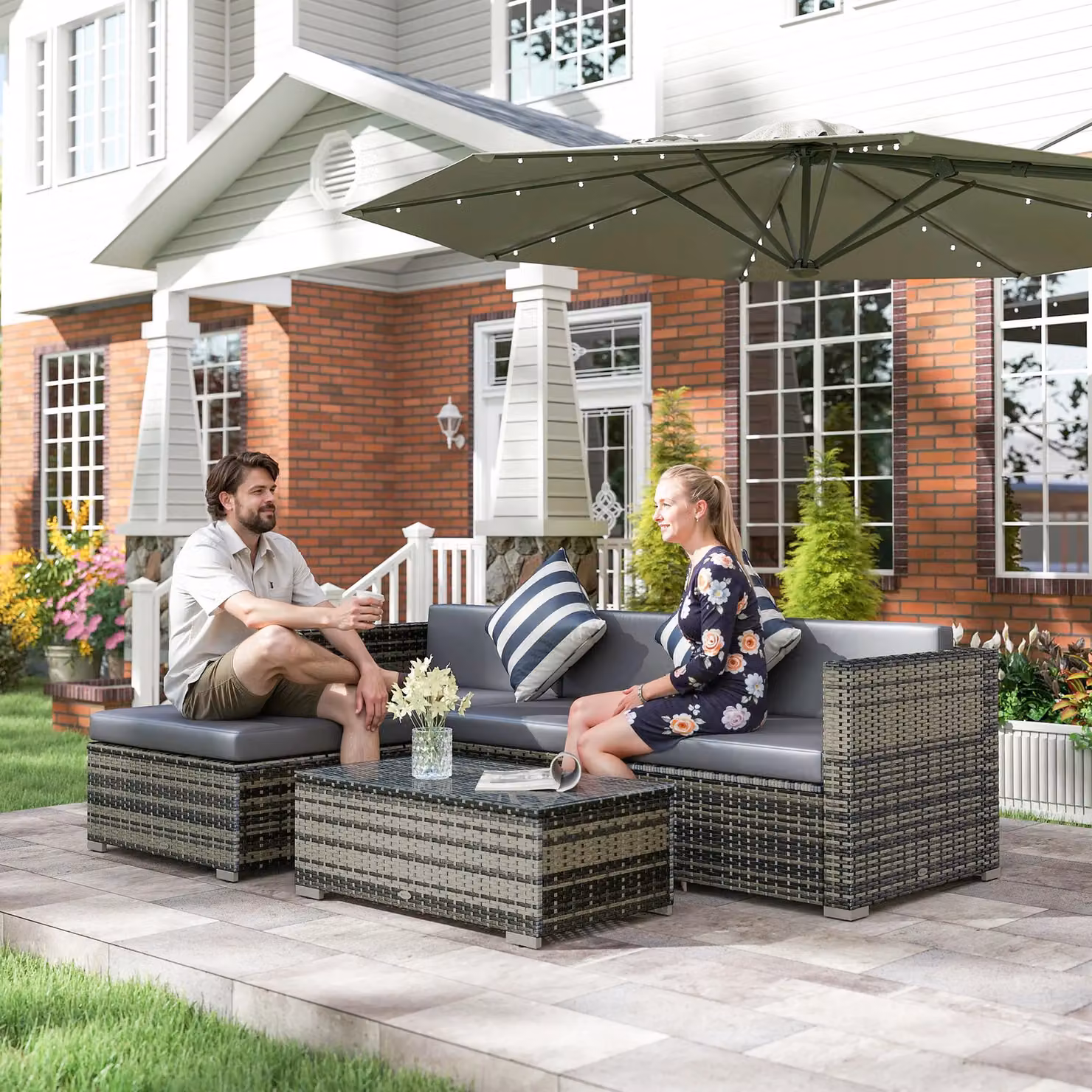 Outsunny 5 Piece L-Shape Polyrattan Garden Furniture Set with Cushions in Grey – 10