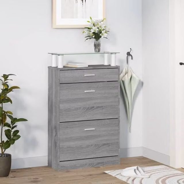Berkfield Home Grey Modern Shoe Cabinet with Glass Doors and Tilting Compartments W/D/H: 63 x 24 x 104 cm