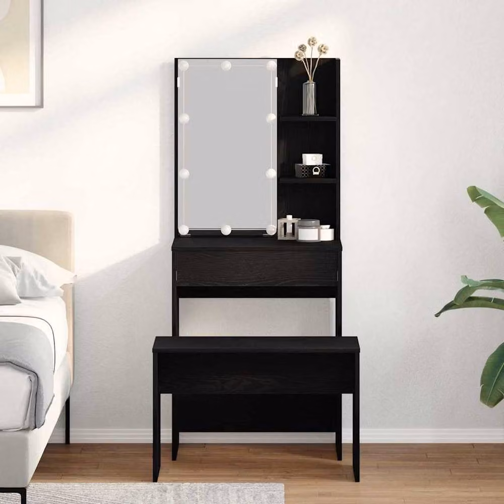 Berkfield Home Hollywood LED Dressing Table Set in Black Oak Engineered Wood – 2