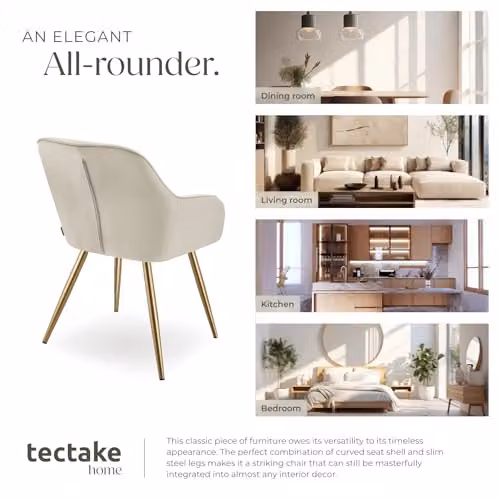 tectake Marilyn Set of 6 Modern Dining Chairs with Velvet Fabric and Gold Metal Legs in Cream/Gold – 5