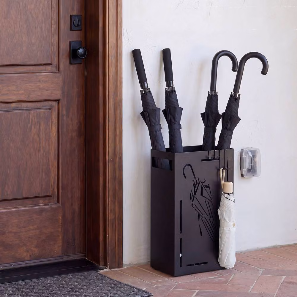 Gymax Metal Cutout Umbrella Stand with 4 Hanging Hooks and Removable Tray, Black – 4