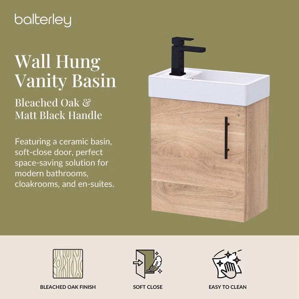 Balterley Wall Mounted Vanity Basin in Bleached Oak with Matt Black Handle, W: 40 cm, D: 40 cm, H: 52 cm – 2
